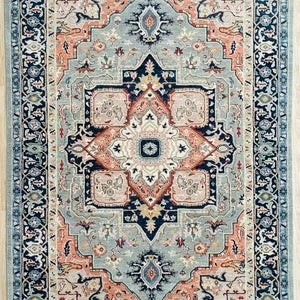Luxury Hand-Knotted Heriz Serapi Rug – Elegant Blue & Ivory Persian Wool Carpet