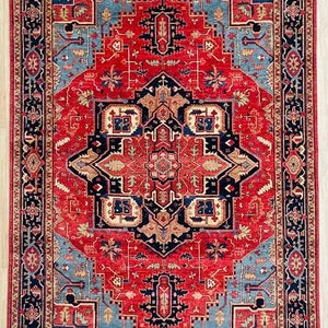 Hand-Knotted Heriz Serapi Rug – Red & Navy Persian Medallion Carpet
