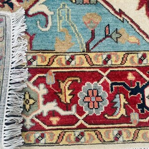 Vintage Heriz Hand-Knotted Wool Rug – Red & Blue Geometric Medallion Pattern