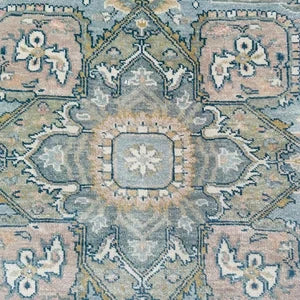 Traditional Hand-Knotted Wool Rug with Vintage Heriz Medallion – Soft Blue & Ivory Geometric Design