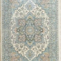 Traditional Hand-Knotted Wool Rug with Vintage Heriz Medallion – Soft Blue & Ivory Geometric Design