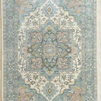 Traditional Hand-Knotted Wool Rug with Vintage Heriz Medallion – Soft Blue & Ivory Geometric Design