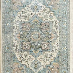 Traditional Hand-Knotted Wool Rug with Vintage Heriz Medallion – Soft Blue & Ivory Geometric Design