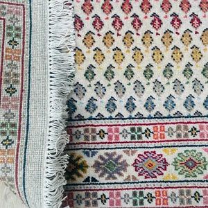 Hand Knotted Afghan Wool Rug – White & Blue Persian Heritage Design Carpet