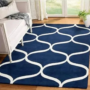 Blue & White Abstract Hand Tufted Wool Area Rug for Modern Interiors