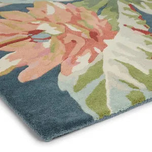 Rosehip Teal Wild Rose Hand-Tufted Wool Designer Rug