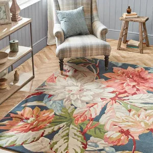 Rosehip Teal Wild Rose Hand-Tufted Wool Designer Rug