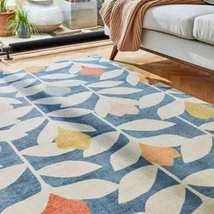 Elegant Blue & Beige Modern Floral Hand-Tufted Wool Rug