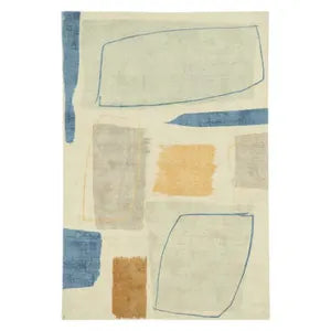 Hand-Tufted Abstract Geometric Rug – Blue Beige Mustard