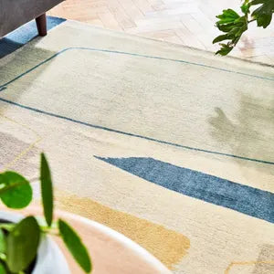 Hand-Tufted Abstract Geometric Rug – Blue Beige Mustard