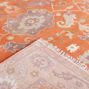 Vintage Oushak Hand-Knotted Wool Rug – Traditional Floral Design in Rust Orange & Beige