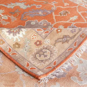 Vintage Oushak Hand-Knotted Wool Rug – Traditional Floral Design in Rust Orange & Beige