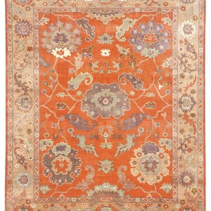 Vintage Oushak Hand-Knotted Wool Rug – Traditional Floral Design in Rust Orange & Beige