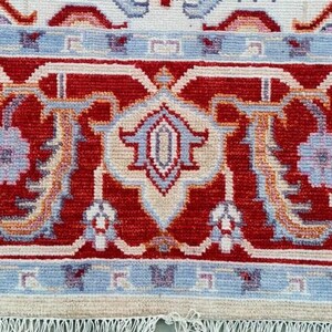 Hand-Knotted Persian Oushak Wool Rug – Cherry Red & Blue Geometric Medallion Oriental Area Rug