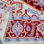 Hand-Knotted Persian Oushak Wool Rug – Cherry Red & Blue Geometric Medallion Oriental Area Rug