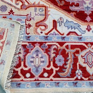 Hand-Knotted Persian Oushak Wool Rug – Cherry Red & Blue Geometric Medallion Oriental Area Rug