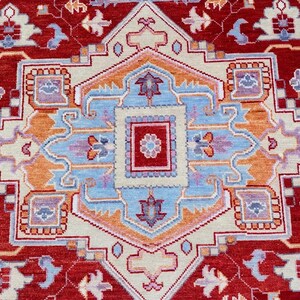 Hand-Knotted Persian Oushak Wool Rug – Cherry Red & Blue Geometric Medallion Oriental Area Rug