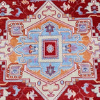 Hand-Knotted Persian Oushak Wool Rug – Cherry Red & Blue Geometric Medallion Oriental Area Rug