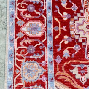 Hand-Knotted Persian Oushak Wool Rug – Cherry Red & Blue Geometric Medallion Oriental Area Rug