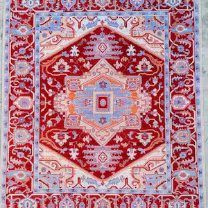 Hand-Knotted Persian Oushak Wool Rug – Cherry Red & Blue Geometric Medallion Oriental Area Rug