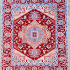 Hand-Knotted Persian Oushak Wool Rug – Cherry Red & Blue Geometric Medallion Oriental Area Rug