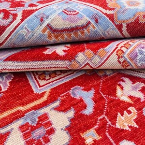 Hand-Knotted Persian Oushak Wool Rug – Cherry Red & Blue Geometric Medallion Oriental Area Rug