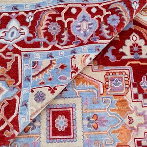 Hand-Knotted Persian Oushak Wool Rug – Cherry Red & Blue Geometric Medallion Oriental Area Rug