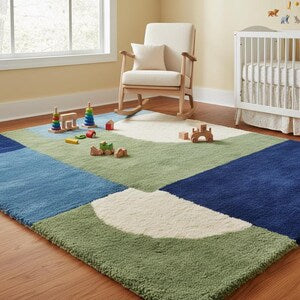 Modern Geometric Hand-Tufted Wool Rug – Soft Blue, Olive Green & Ivory Abstract Pattern