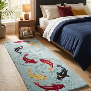 Hand-Tufted Koi Runner Rug – Japanese Style in Aqua Blue