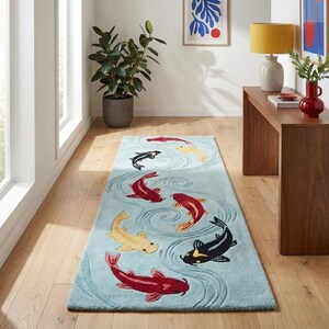 Hand-Tufted Koi Runner Rug – Japanese Style in Aqua Blue