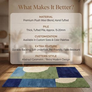 Modern Geometric Hand-Tufted Wool Rug – Soft Blue, Olive Green & Ivory Abstract Pattern