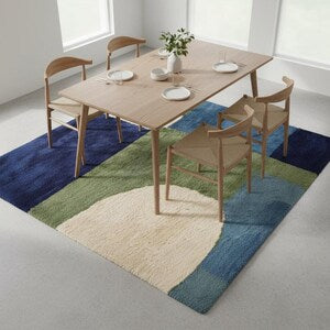 Modern Geometric Hand-Tufted Wool Rug – Soft Blue, Olive Green & Ivory Abstract Pattern