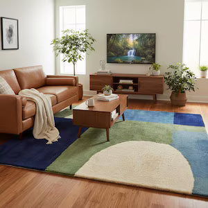 Modern Geometric Hand-Tufted Wool Rug – Soft Blue, Olive Green & Ivory Abstract Pattern