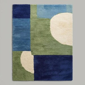 Modern Geometric Hand-Tufted Wool Rug – Soft Blue, Olive Green & Ivory Abstract Pattern