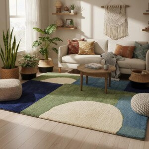 Modern Geometric Hand-Tufted Wool Rug – Soft Blue, Olive Green & Ivory Abstract Pattern