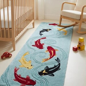 Hand-Tufted Koi Runner Rug – Japanese Style in Aqua Blue