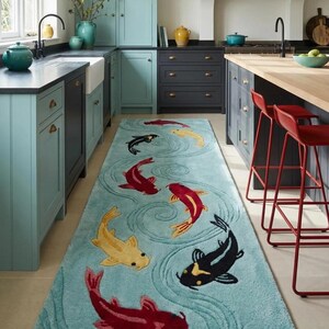 Hand-Tufted Koi Runner Rug – Japanese Style in Aqua Blue