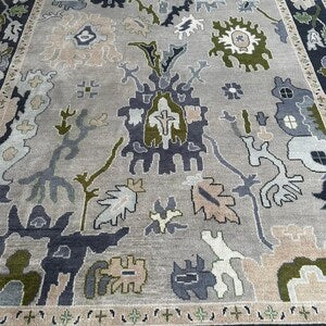 Hand-Knotted Modern Oushak Wool Rug – Cream & Gray Classic Stylish Area Rug