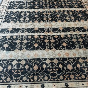 Vintage Hand-Knotted Navy & Ivory Persian Floral Wool Rug