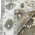 Hand-Knotted Grey Oushak Wool Rug – Pastel Floral Interior Carpet
