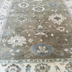 Hand-Knotted Grey Oushak Wool Rug – Pastel Floral Interior Carpet
