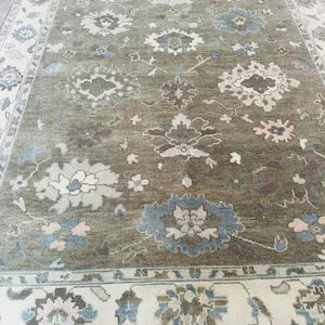 Hand-Knotted Grey Oushak Wool Rug – Pastel Floral Interior Carpet