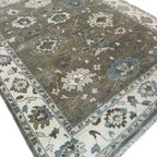 Hand-Knotted Grey Oushak Wool Rug – Pastel Floral Interior Carpet