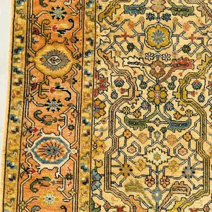 Hand-Knotted Yellow Oushak Wool Rug – Elegant Turkish Floral Geometric Carpet