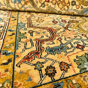 Hand-Knotted Yellow Oushak Wool Rug – Elegant Turkish Floral Geometric Carpet