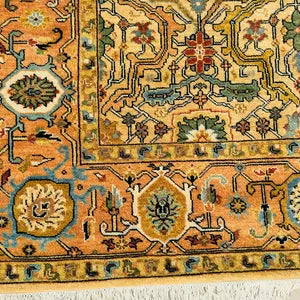 Hand-Knotted Yellow Oushak Wool Rug – Elegant Turkish Floral Geometric Carpet