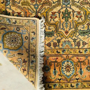 Hand-Knotted Yellow Oushak Wool Rug – Elegant Turkish Floral Geometric Carpet