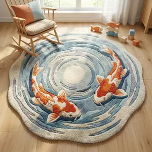 Modern Interior Hand-Tufted Round Koi Fish Rug
