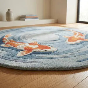 Modern Interior Hand-Tufted Round Koi Fish Rug