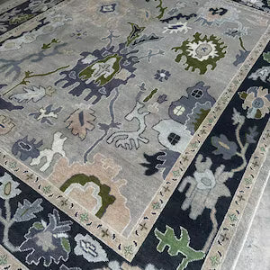 Hand-Knotted Modern Oushak Wool Rug – Cream & Gray Classic Stylish Area Rug